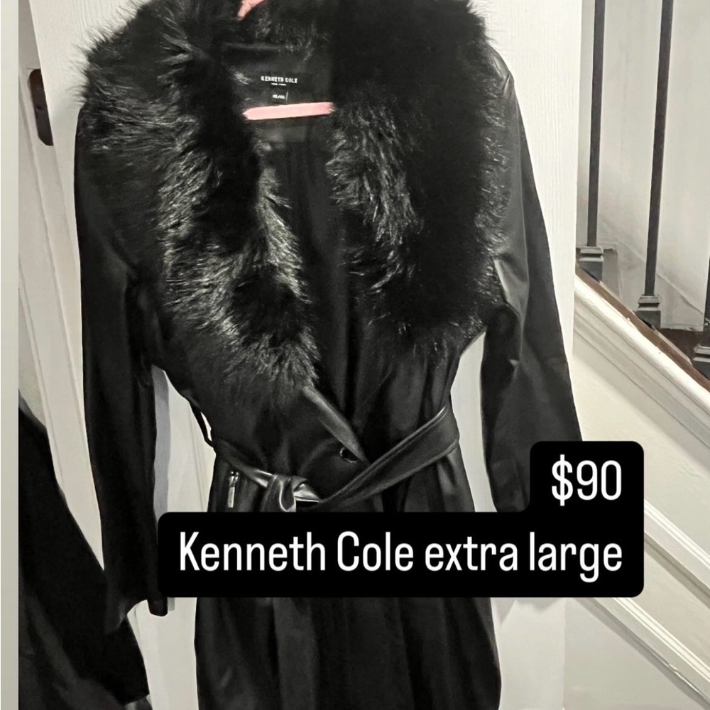 Kenneth Cole Black Trench Coat with Faux Fur Collar